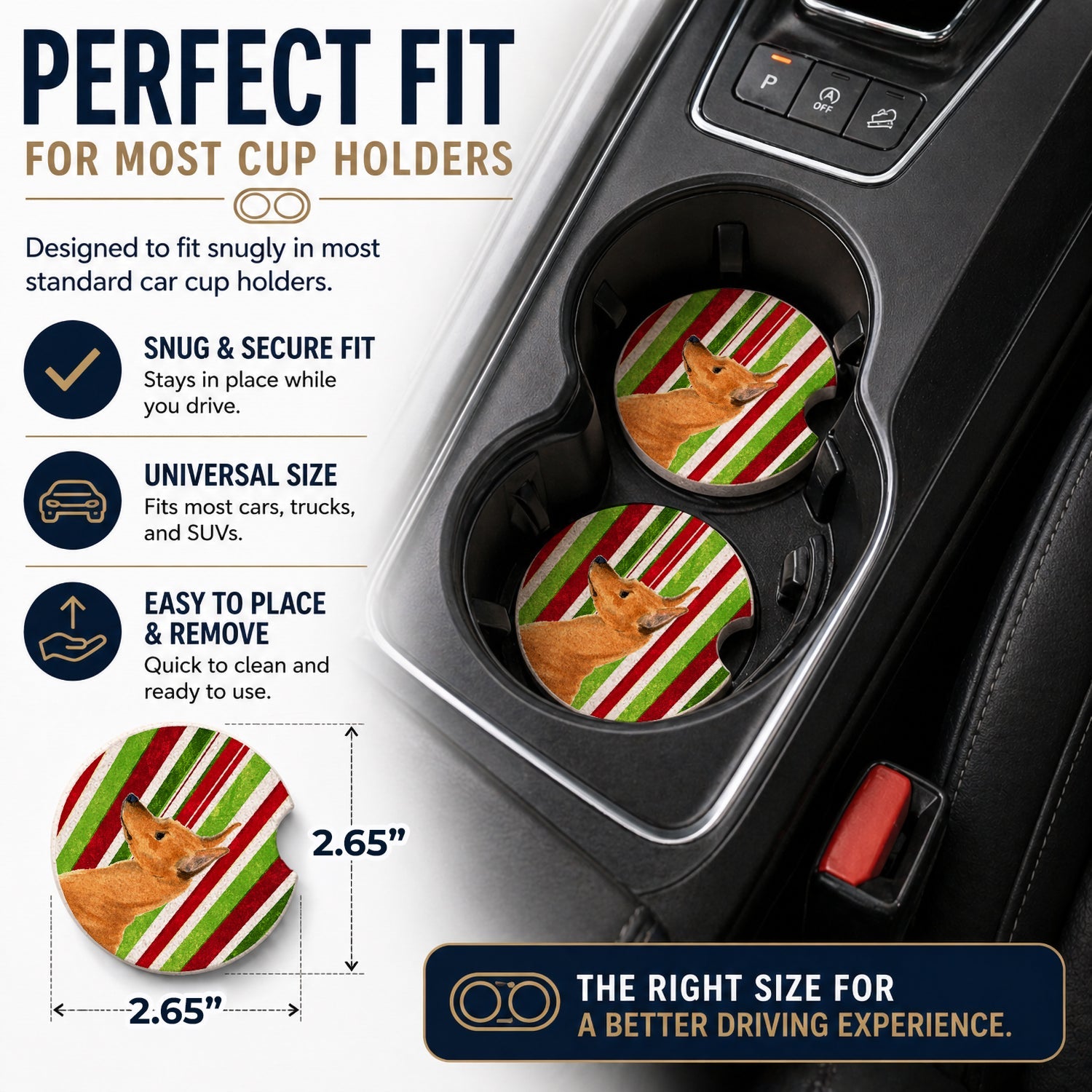 Min Pin Candy Cane Holiday Christmas Set of 2 Cup Holder Car Coasters Absorbent Round Sandstone Coasters Gifts for Men or Women, 2.5, Multicolor