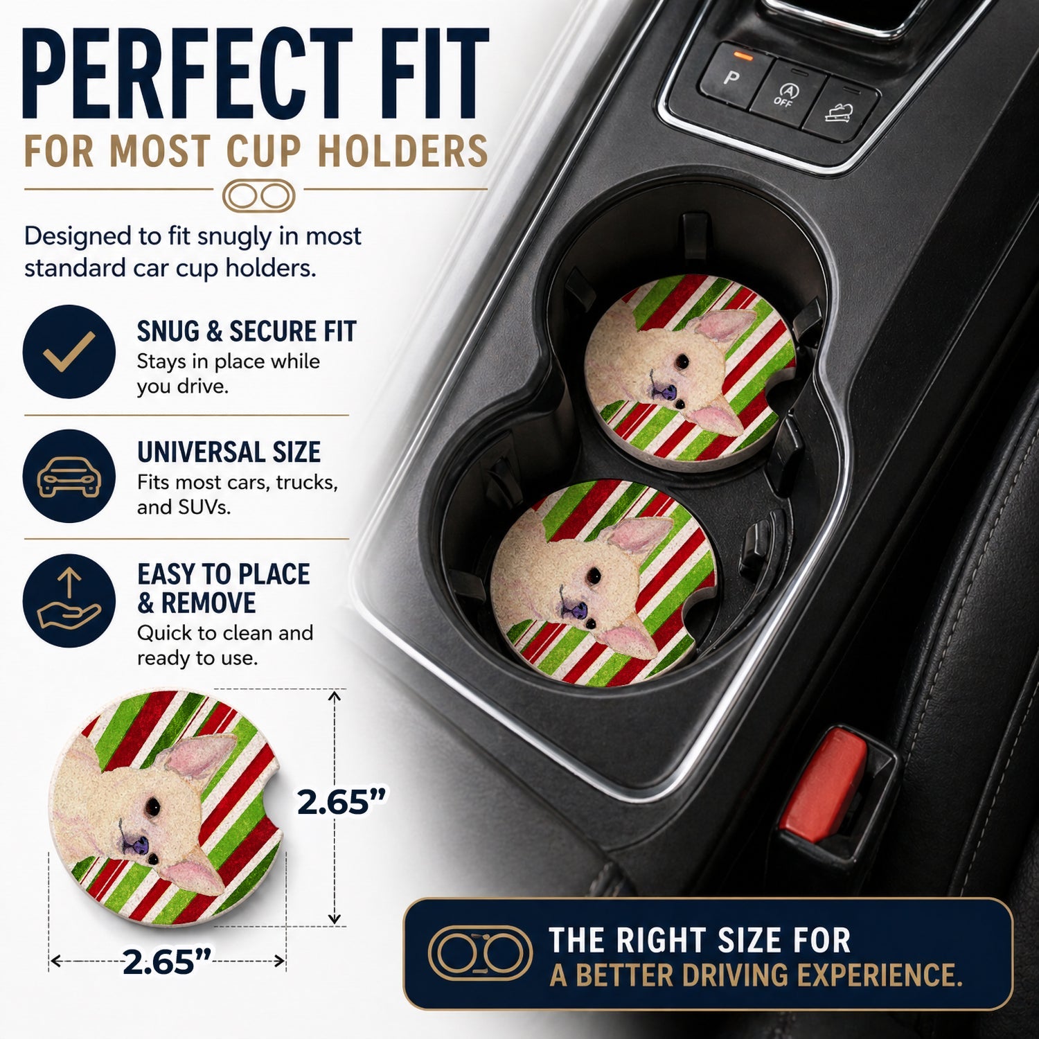 Chihuahua Candy Cane Holiday Christmas Set of 2 Cup Holder Car Coasters Absorbent Round Sandstone Coasters Gifts for Men or Women, 2.5, Multicolor