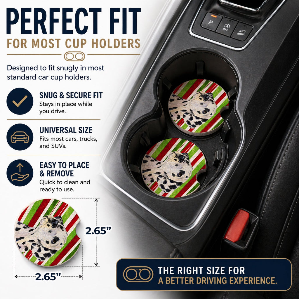 Dalmatian Candy Cane Holiday Christmas Set of 2 Cup Holder Car Coasters Absorbent Round Sandstone Coasters Gifts for Men or Women, 2.5, Multicolor