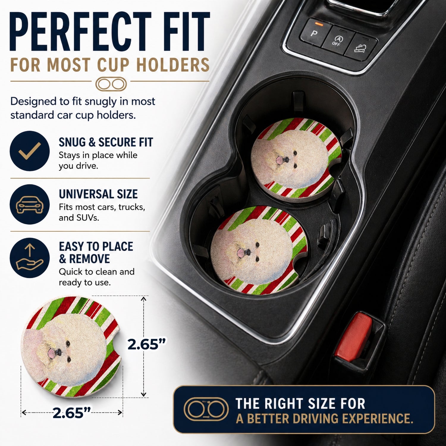 Bichon Frise Candy Cane Holiday Christmas Set of 2 Cup Holder Car Coasters Absorbent Round Sandstone Coasters Gifts for Men or Women, 2.5, Multicolor