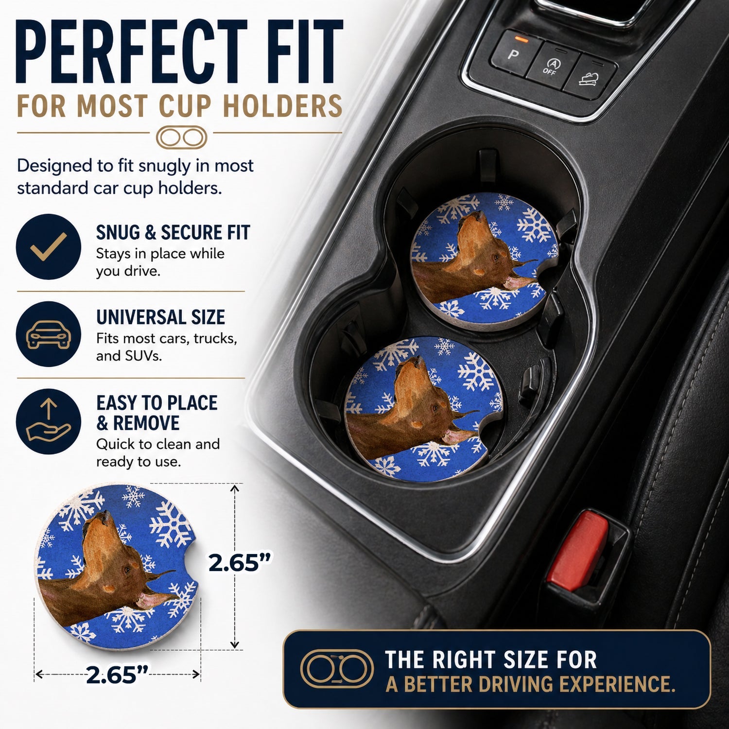 Doberman Winter Snowflakes Holiday Set of 2 Cup Holder Car Coasters Absorbent Round Sandstone Coasters Gifts for Men or Women, 2.5, Multicolor