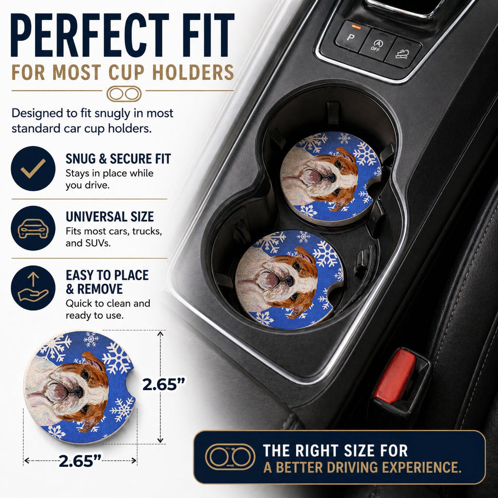 Bulldog English Winter Snowflakes Holiday Set of 2 Cup Holder Car Coasters Absorbent Round Sandstone Coasters Gifts for Men or Women, 2.5, Multicolor