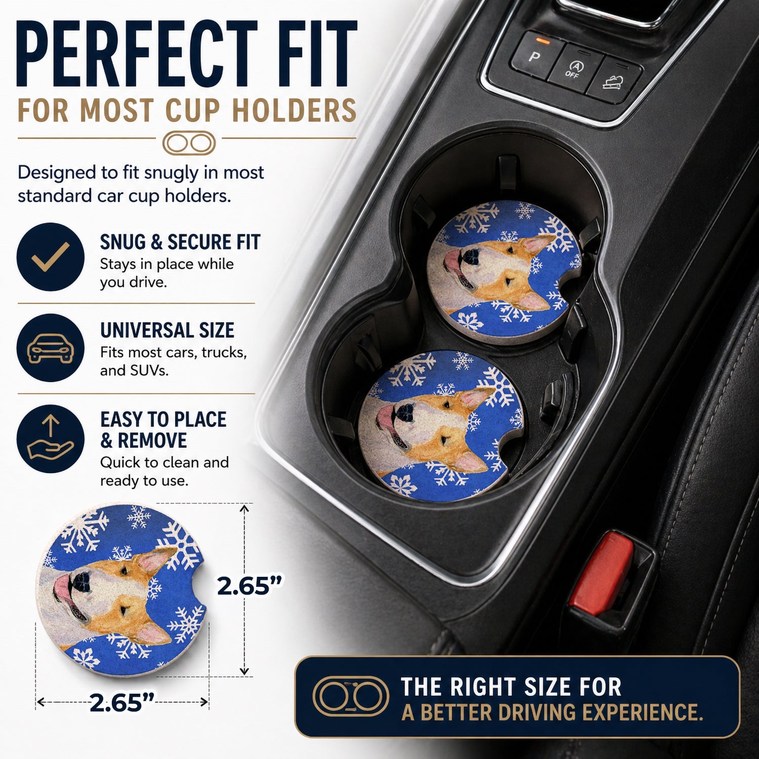 Bull Terrier Winter Snowflakes Holiday Set of 2 Cup Holder Car Coasters Absorbent Round Sandstone Coasters Gifts for Men or Women, 2.5, Multicolor