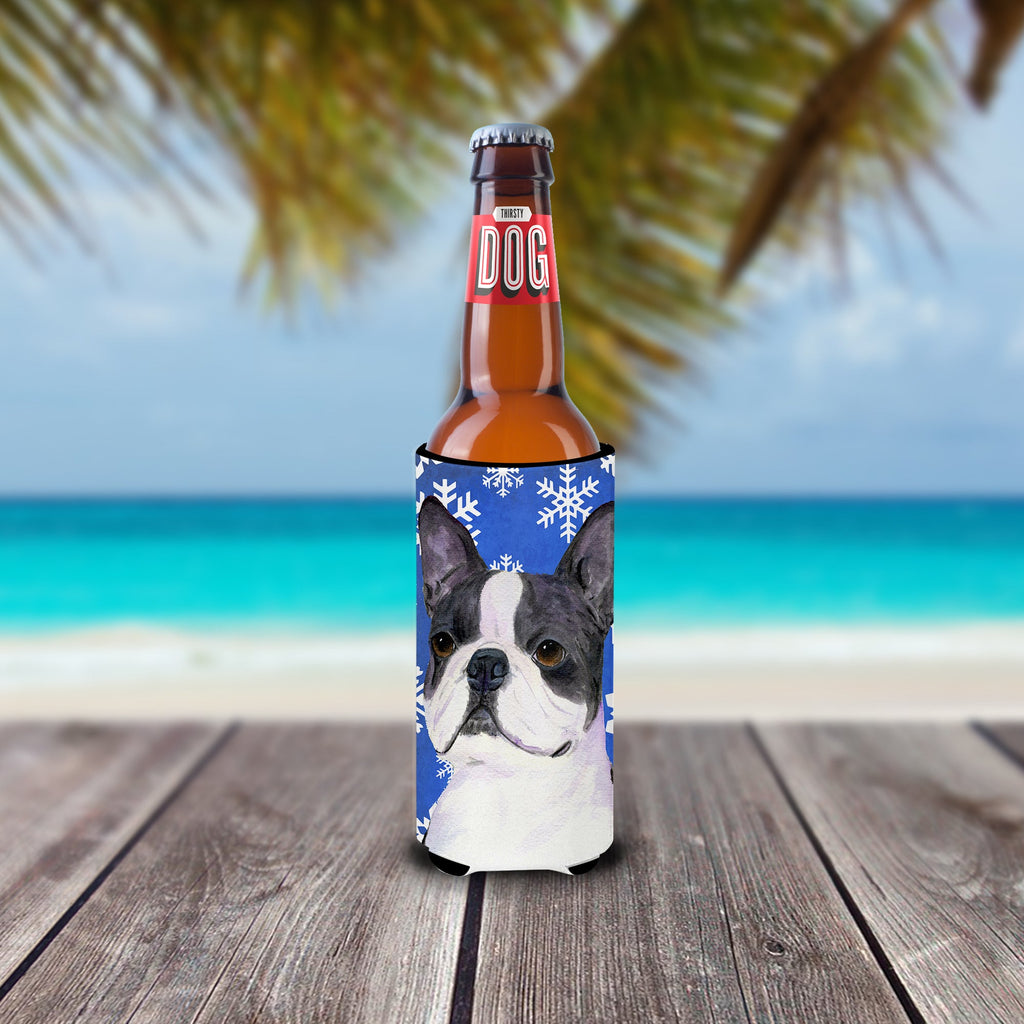 Boston Terrier Winter Snowflakes Holiday Slim Can Hugger , Insulated Foam Hugger for 12 oz Slim Cans, Beer Bottles & Water Bottles, Printed in USA