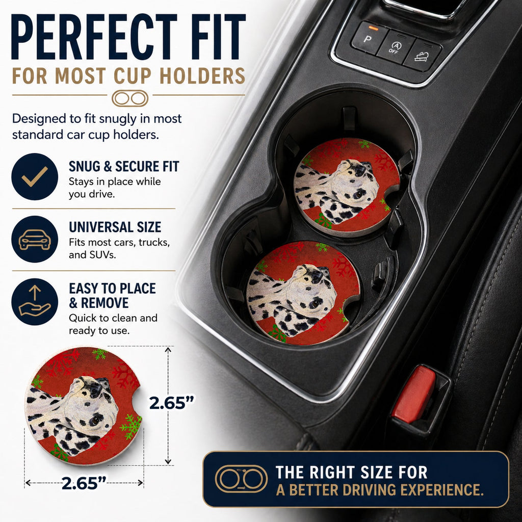 Dalmatian Red and Green Snowflakes Holiday Christmas Set of 2 Cup Holder Car Coasters Absorbent Round Sandstone Coasters Gifts for Men or Women, 2.5, Multicolor