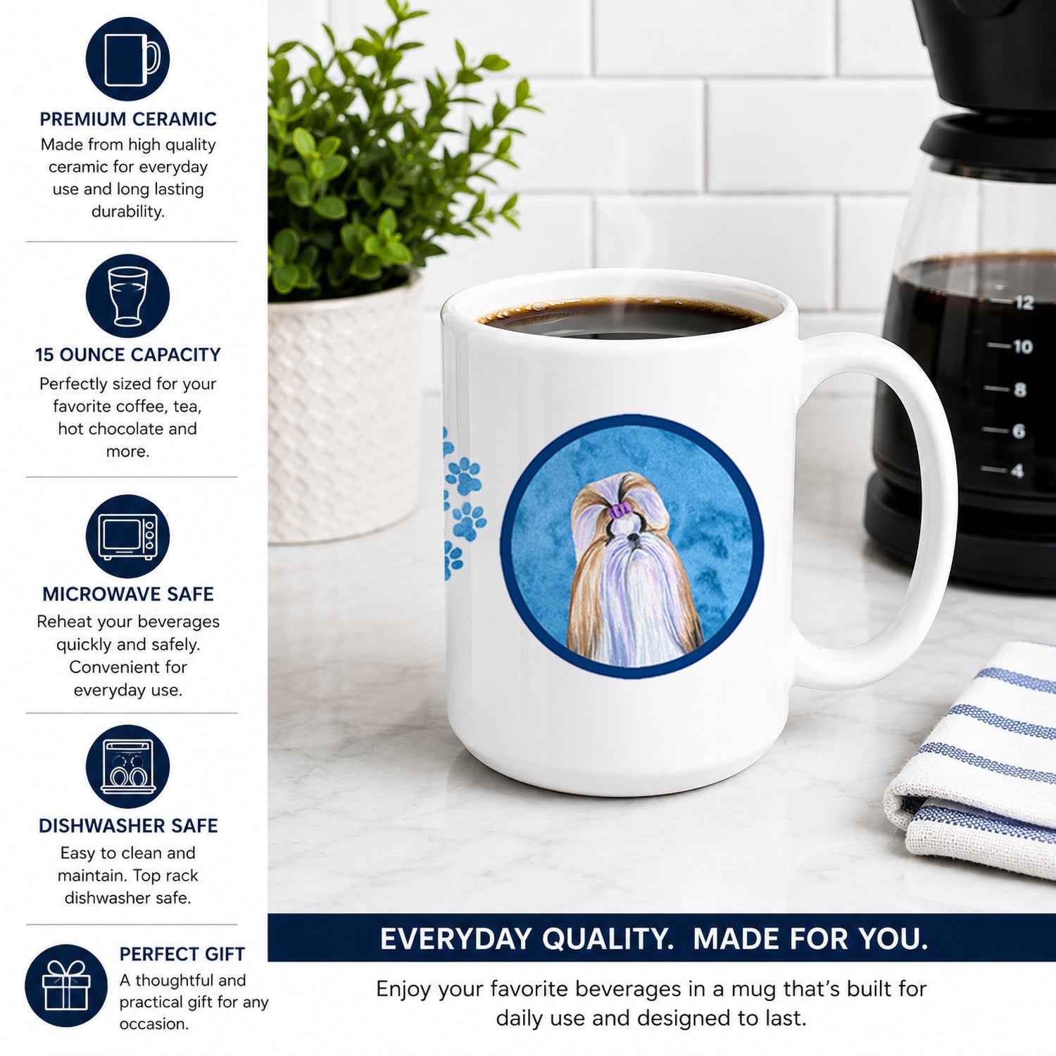 Blue Shih Tzu Ceramic Coffee Mug 15 oz Decorative Large C Handle Mug Cup for Tea, Cocoa Hot Chocolate