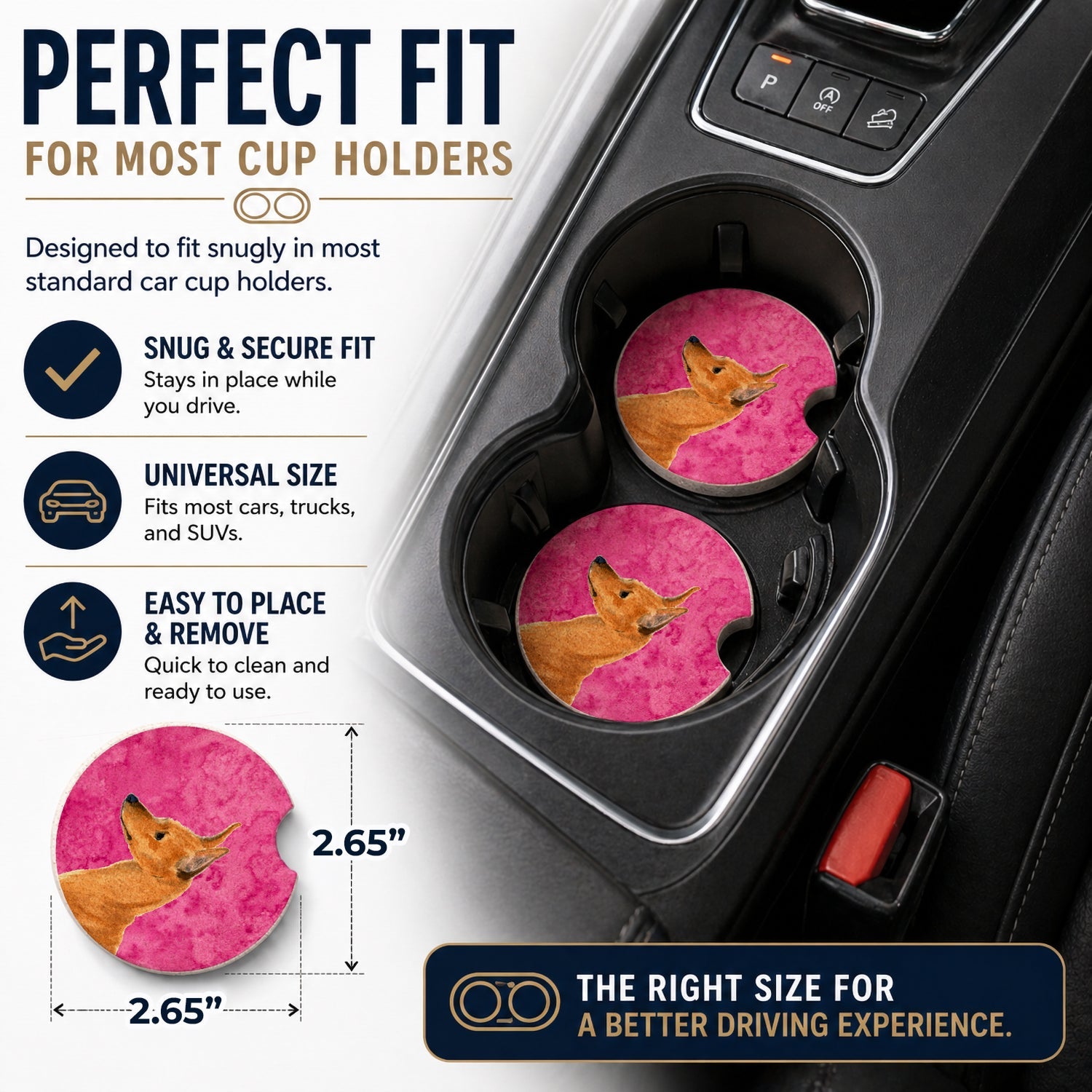 Pink Min Pin Set of 2 Cup Holder Car Coasters Absorbent Round Sandstone Coasters Gifts for Men or Women, 2.5, Multicolor