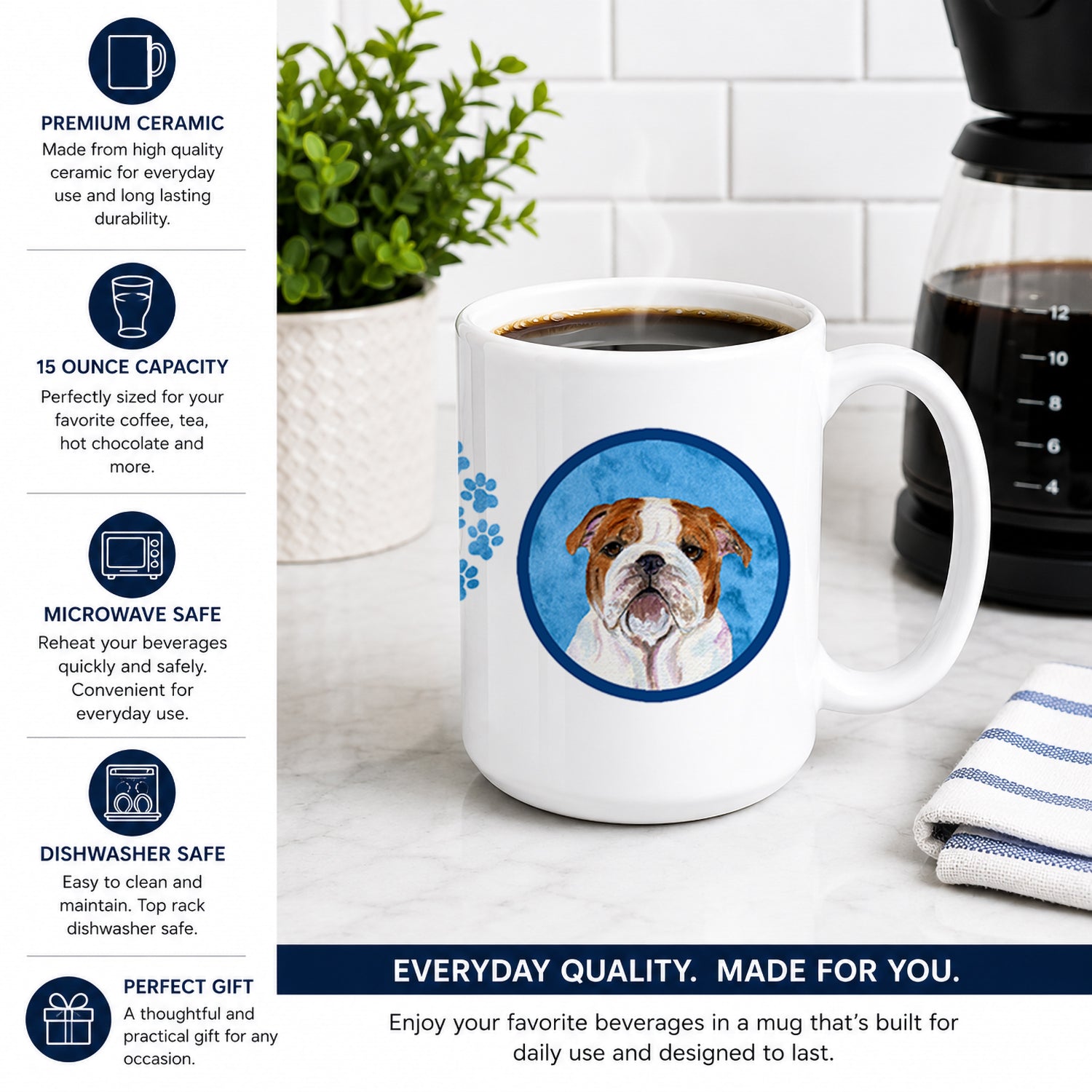 Blue English Bulldog Ceramic Coffee Mug 15 oz Decorative Large C Handle Mug Cup for Tea, Cocoa Hot Chocolate