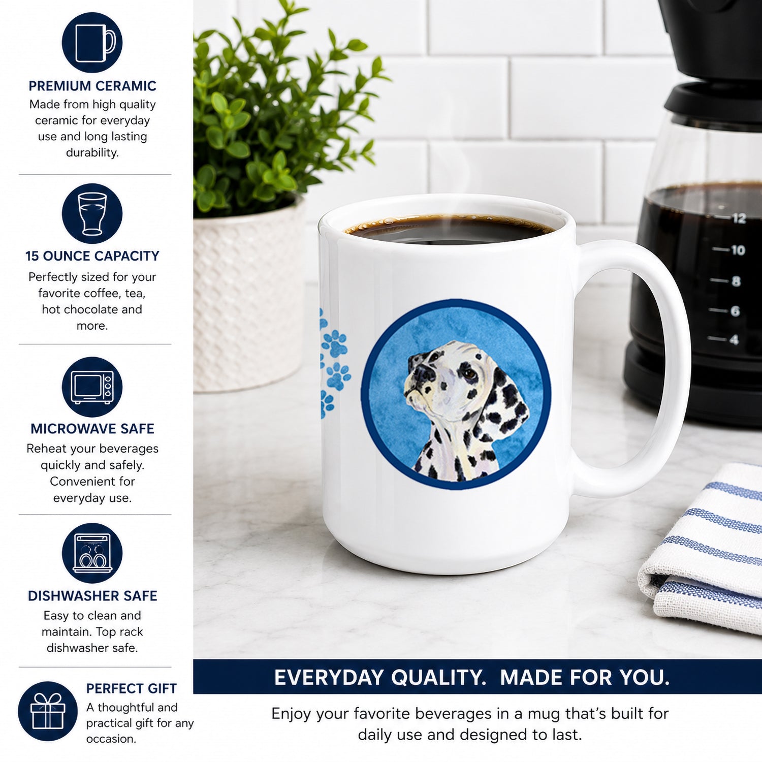 Blue Dalmatian Ceramic Coffee Mug 15 oz Decorative Large C Handle Mug Cup for Tea, Cocoa Hot Chocolate