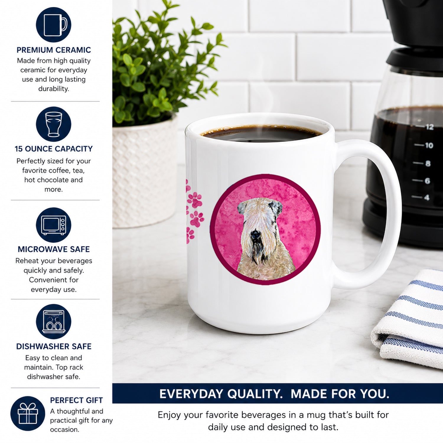 Pink Soft Coated Wheaten Terrier Ceramic Coffee Mug 15 oz Decorative Large C Handle Mug Cup for Tea, Cocoa Hot Chocolate