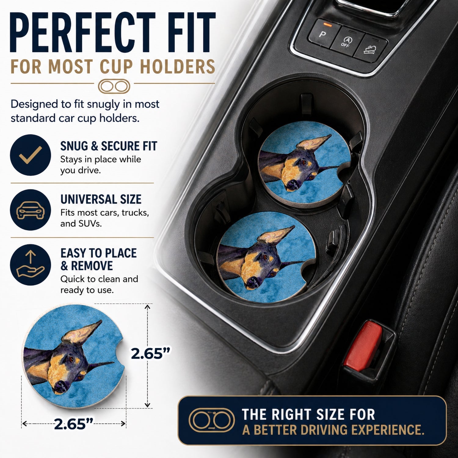 Blue Doberman Set of 2 Cup Holder Car Coasters Absorbent Round Sandstone Coasters Gifts for Men or Women, 2.5, Multicolor