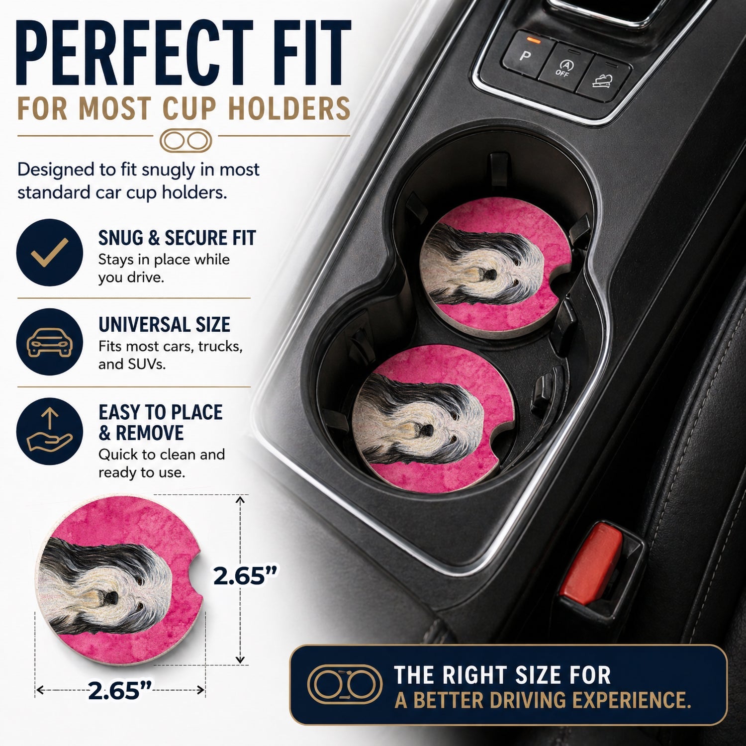 Pink Bearded Collie Set of 2 Cup Holder Car Coasters Absorbent Round Sandstone Coasters Gifts for Men or Women, 2.5, Multicolor
