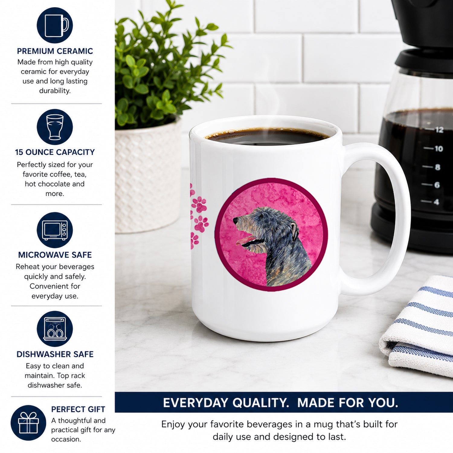 Pink Irish Wolfhound Ceramic Coffee Mug 15 oz Decorative Large C Handle Mug Cup for Tea, Cocoa Hot Chocolate