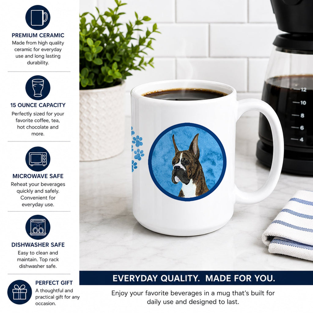 Blue Brindle Cropped Eared Boxer Ceramic Coffee Mug 15 oz Decorative Large C Handle Mug Cup for Tea, Cocoa Hot Chocolate