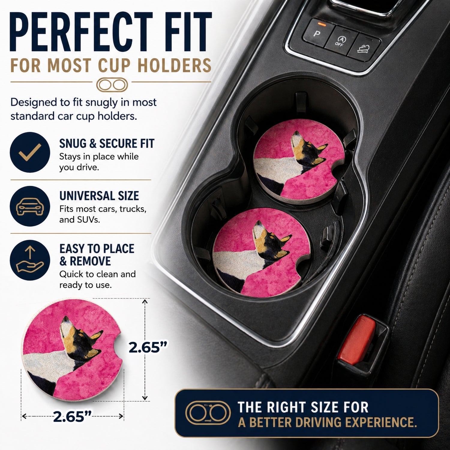 Pink Basenji Set of 2 Cup Holder Car Coasters Absorbent Round Sandstone Coasters Gifts for Men or Women, 2.5, Multicolor