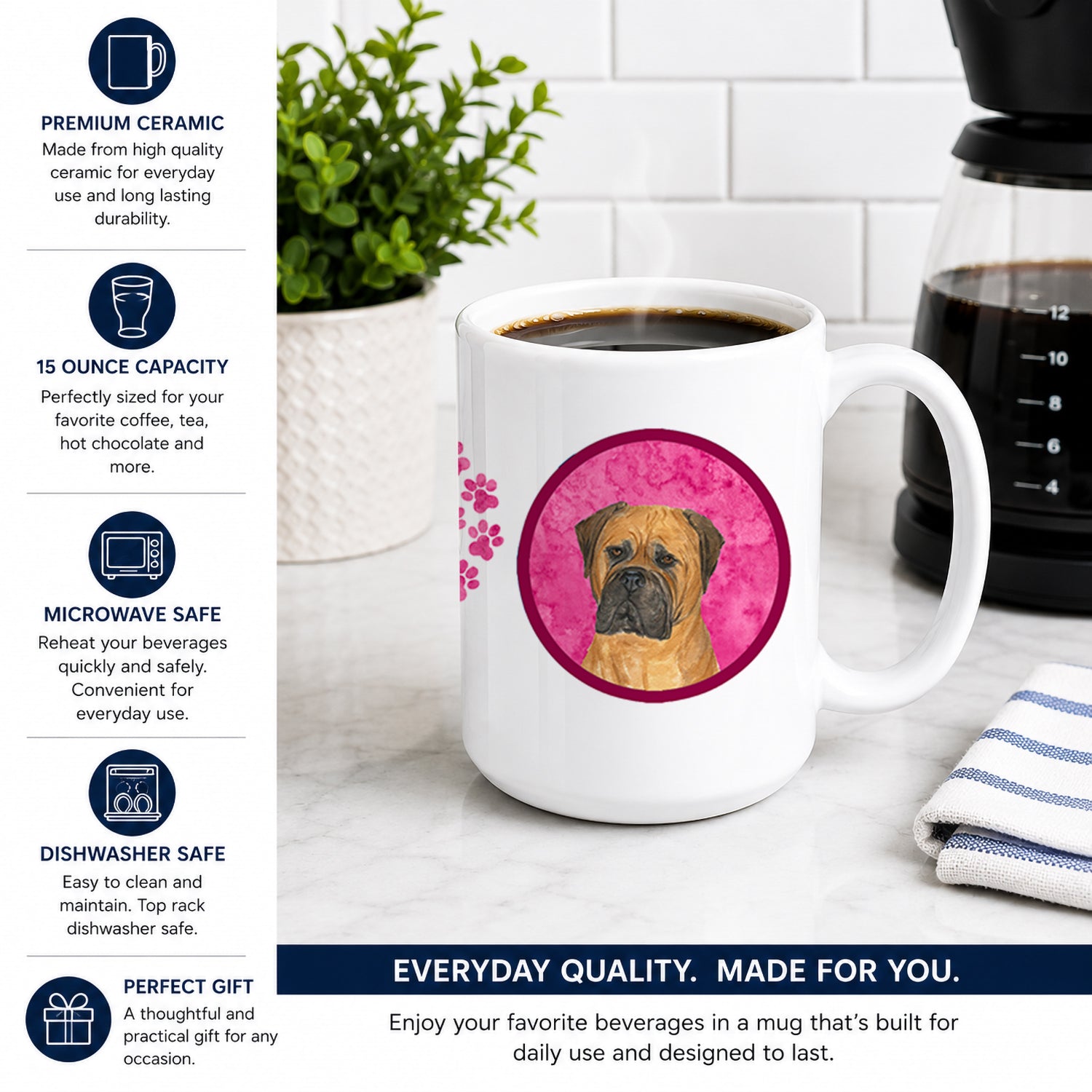Pink Bullmastiff Ceramic Coffee Mug 15 oz Decorative Large C Handle Mug Cup for Tea, Cocoa Hot Chocolate