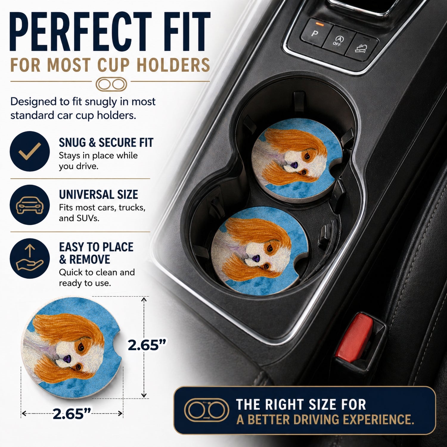 Blue Cavalier Spaniel Set of 2 Cup Holder Car Coasters Absorbent Round Sandstone Coasters Gifts for Men or Women, 2.5, Multicolor