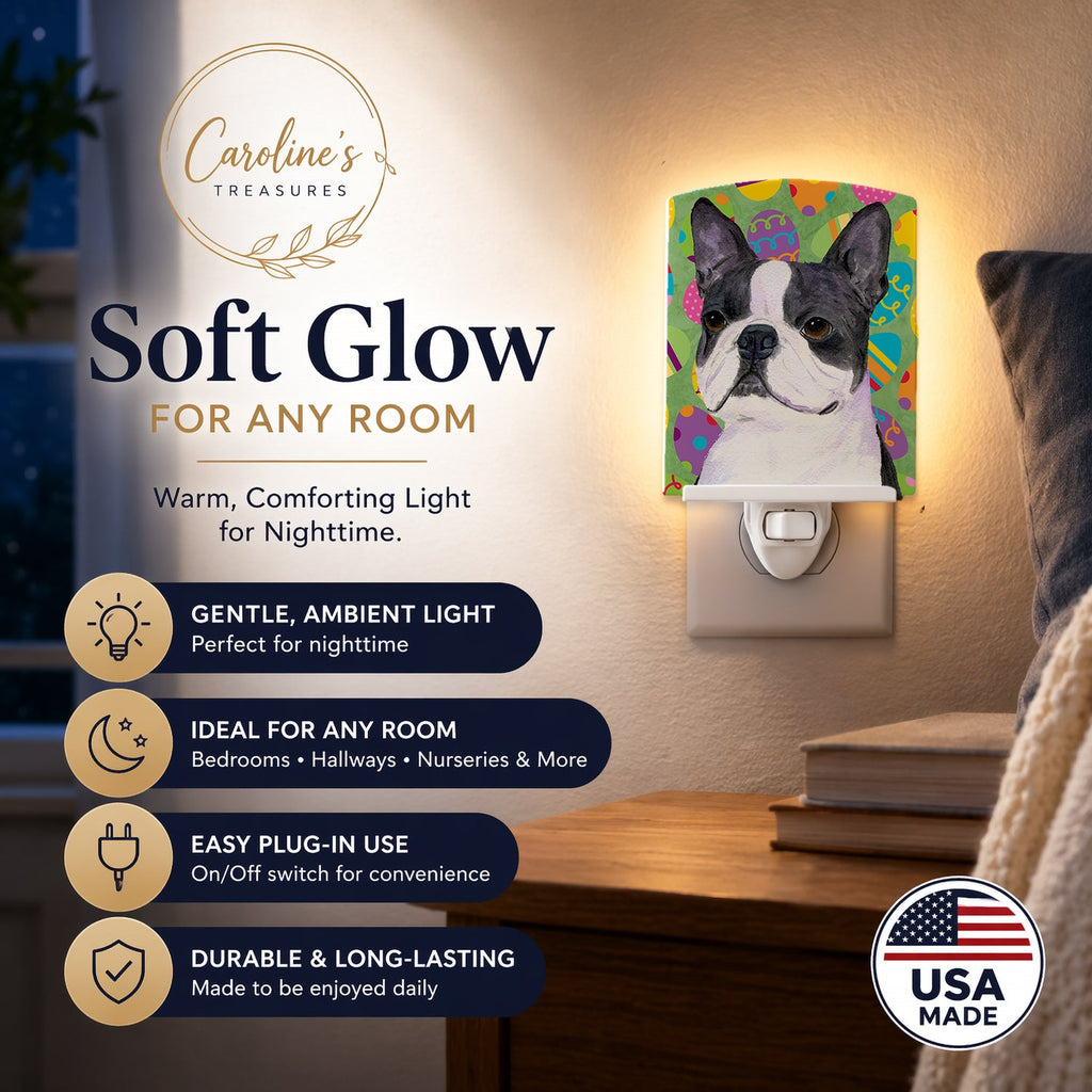 Boston Terrier Easter Eggtravaganza Ceramic Night Light Compact, UL-Certified, Ideal for Bedroom, Bathroom, Nursery, Hallway, Kitchen, 6x4x3, Multicolor