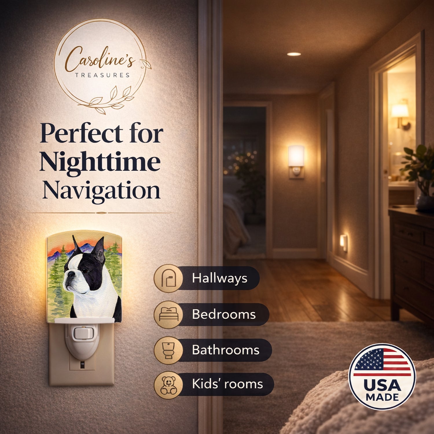 Boston Terrier Ceramic Night Light Compact, UL-Certified, Ideal for Bedroom, Bathroom, Nursery, Hallway, Kitchen, 6x4x3, Multicolor