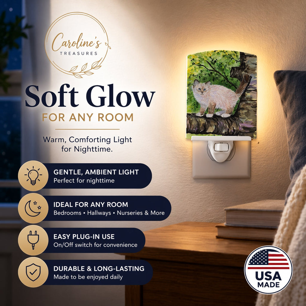 Cat - Birman Ceramic Night Light Compact, UL-Certified, Ideal for Bedroom, Bathroom, Nursery, Hallway, Kitchen, 6x4x3, Multicolor