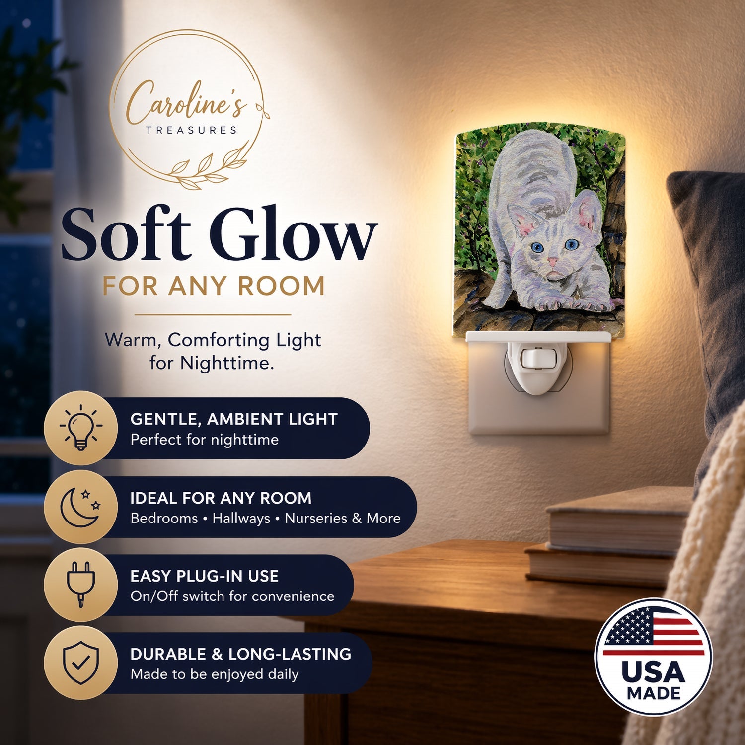 Cat - Devon Rex Ceramic Night Light Compact, UL-Certified, Ideal for Bedroom, Bathroom, Nursery, Hallway, Kitchen, 6x4x3, Multicolor