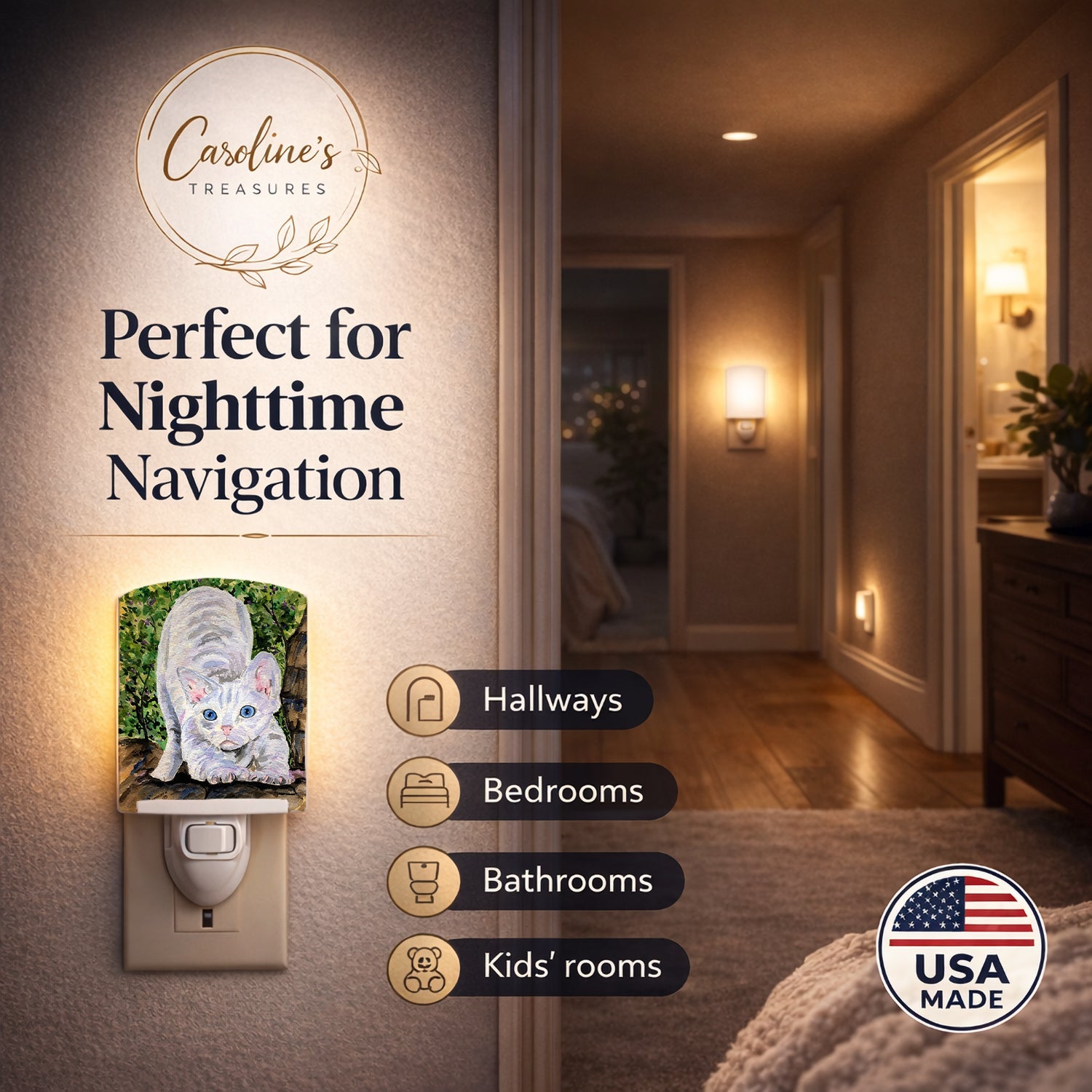Cat - Devon Rex Ceramic Night Light Compact, UL-Certified, Ideal for Bedroom, Bathroom, Nursery, Hallway, Kitchen, 6x4x3, Multicolor