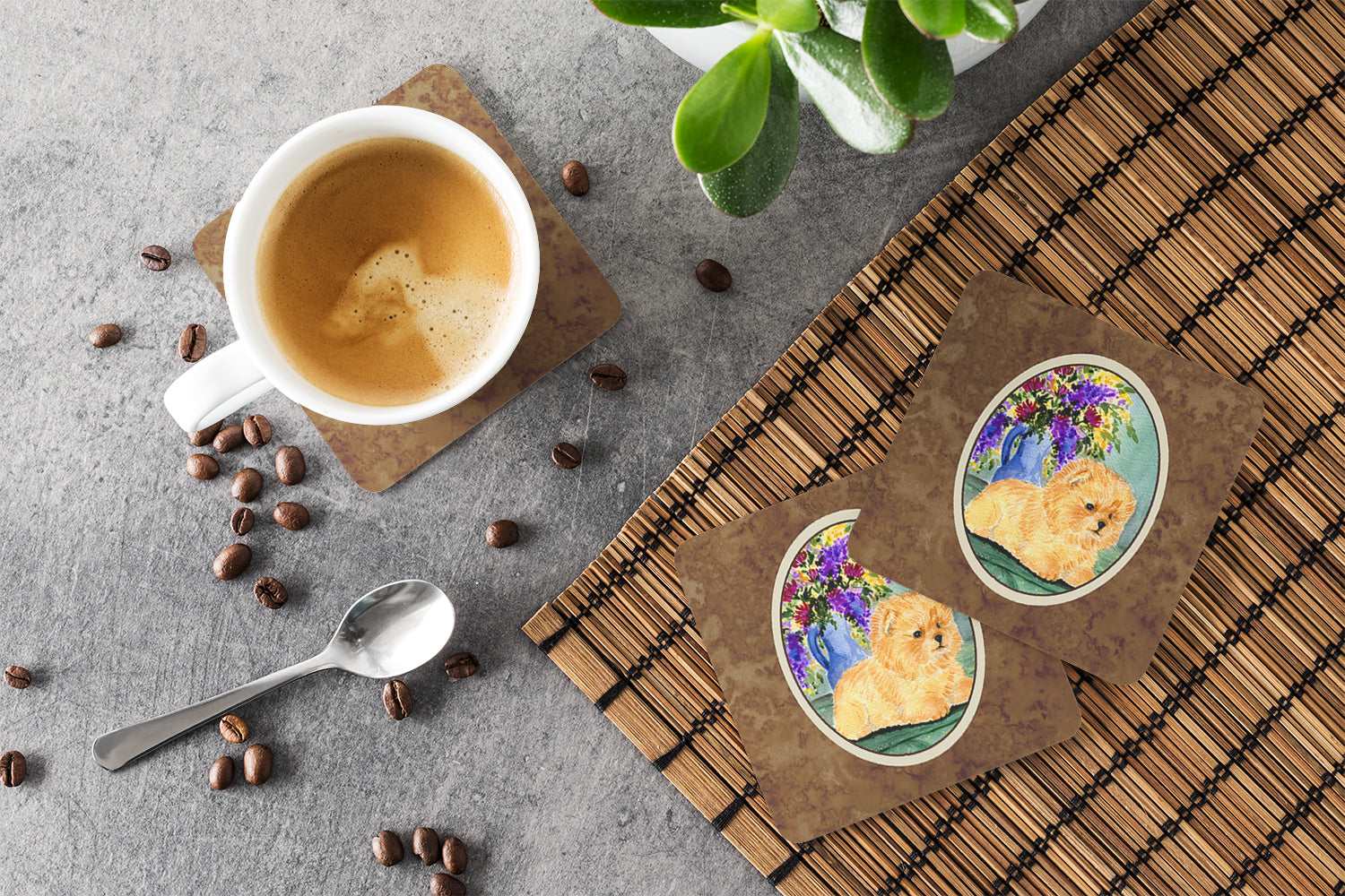 Pomeranian Foam Coasters Set of 4 Cup Coasters for Indoor Outdoor, Tabletop Protection, Anti Slip, Mouse pad Material