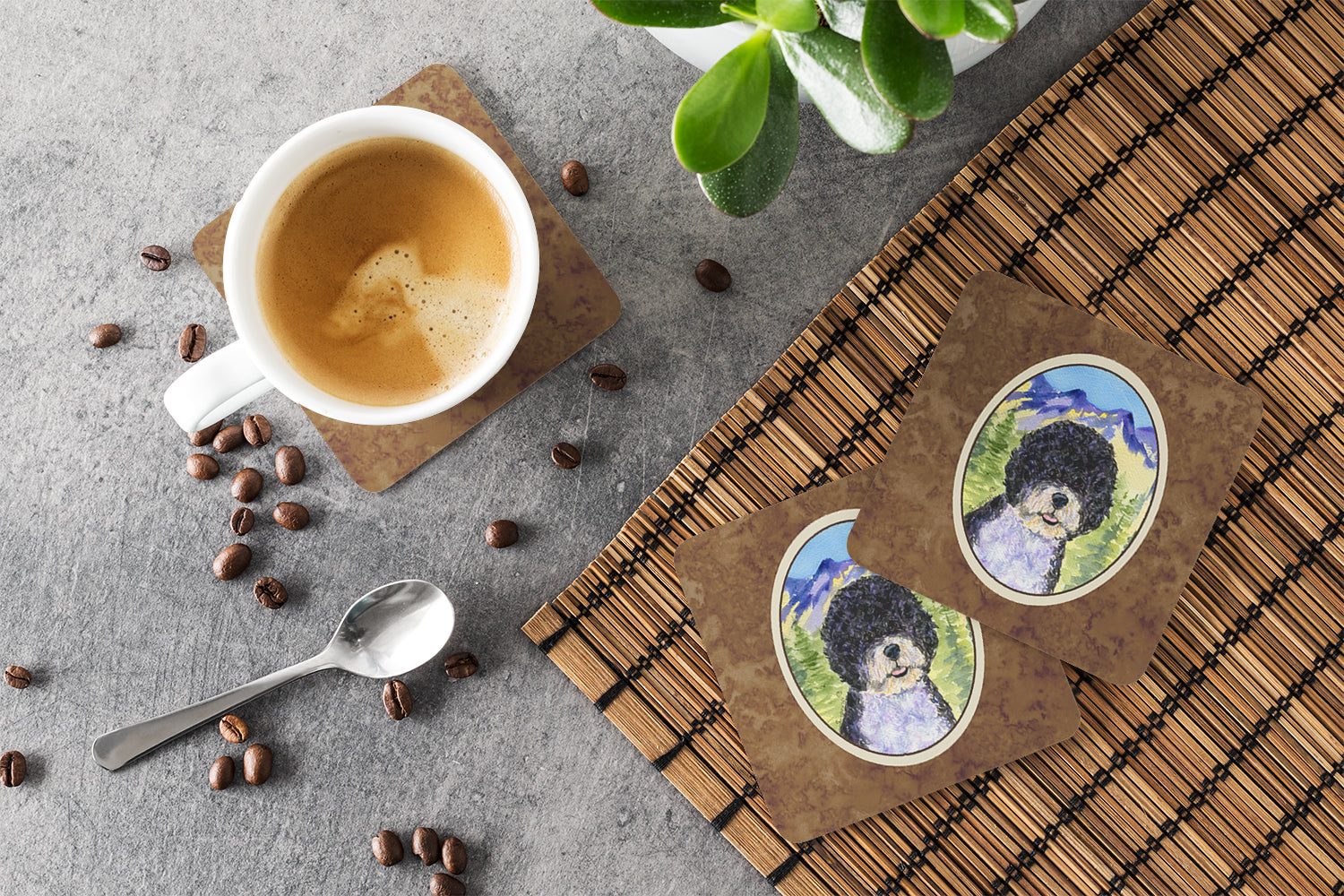 Portuguese Water Dog Foam Coasters Set of 4 Cup Coasters for Indoor Outdoor, Tabletop Protection, Anti Slip, Mouse pad Material