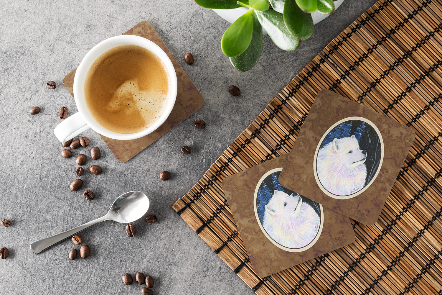 Starry Night Samoyed Foam Coasters Set of 4 Cup Coasters for Indoor Outdoor, Tabletop Protection, Anti Slip, Mouse pad Material