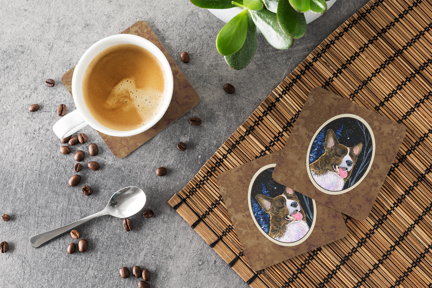 Starry Night Corgi Foam Coasters Set of 4 Cup Coasters for Indoor Outdoor, Tabletop Protection, Anti Slip, Mouse pad Material