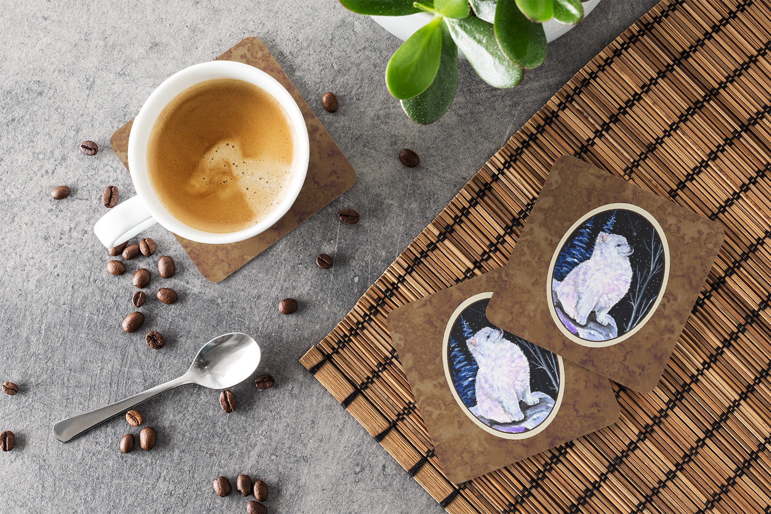 Starry Night American Eskimo Foam Coasters Set of 4 Cup Coasters for Indoor Outdoor, Tabletop Protection, Anti Slip, Mouse pad Material