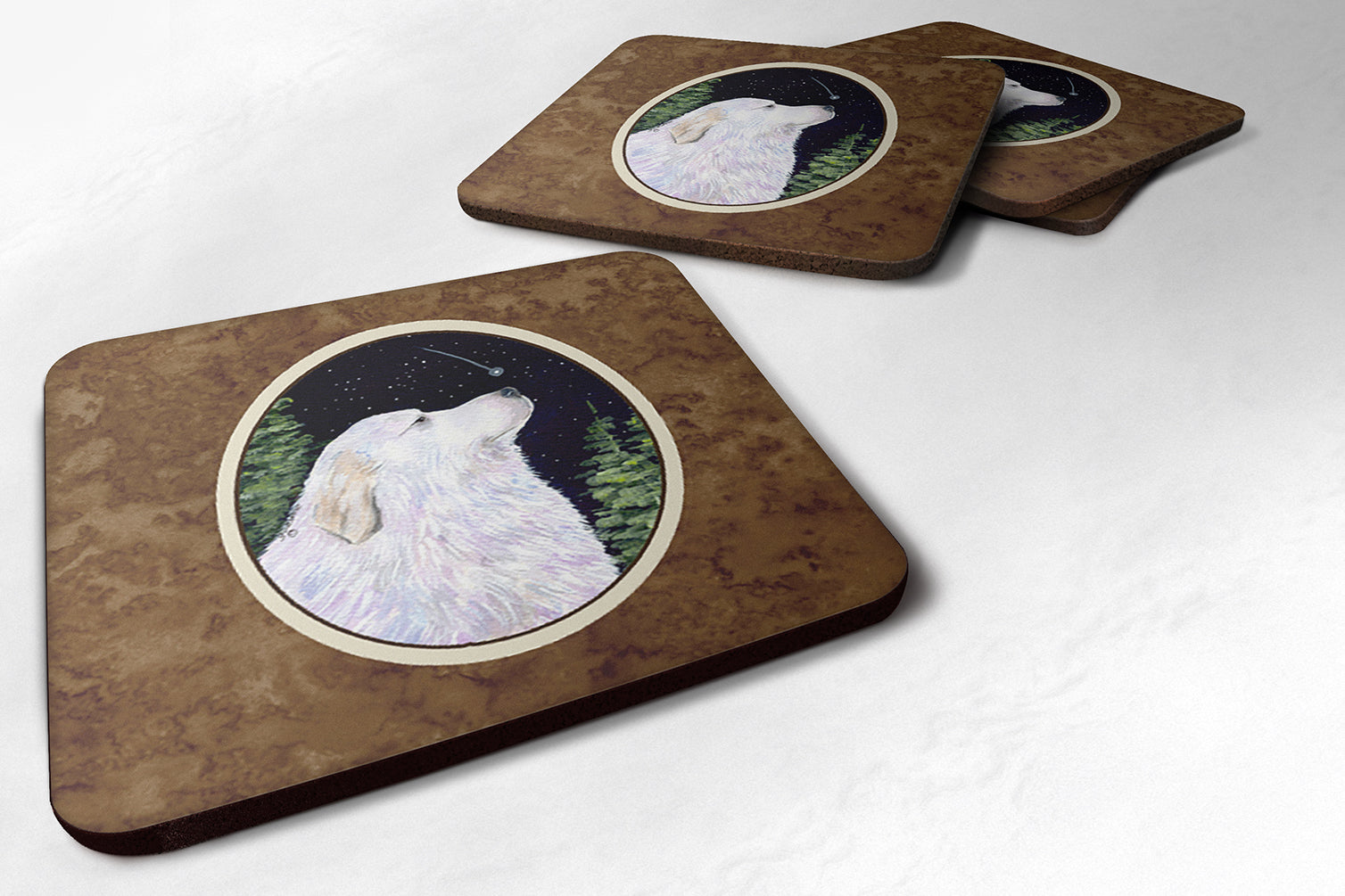 Starry Night Great Pyrenees Foam Coasters Set of 4 Cup Coasters for Indoor Outdoor, Tabletop Protection, Anti Slip, Mouse pad Material