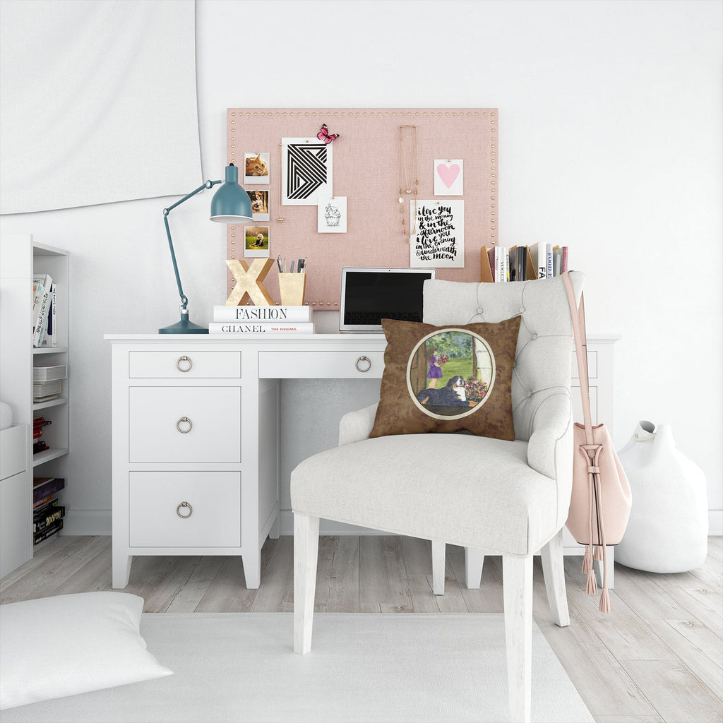 Little Girl with her Bernese Mountain Dog Decorative Throw Pillow 14x14 Indoor Outdoor Accent Cushion, Fabric Cover with Insert for Sofa, Bed, Porch & Living Room