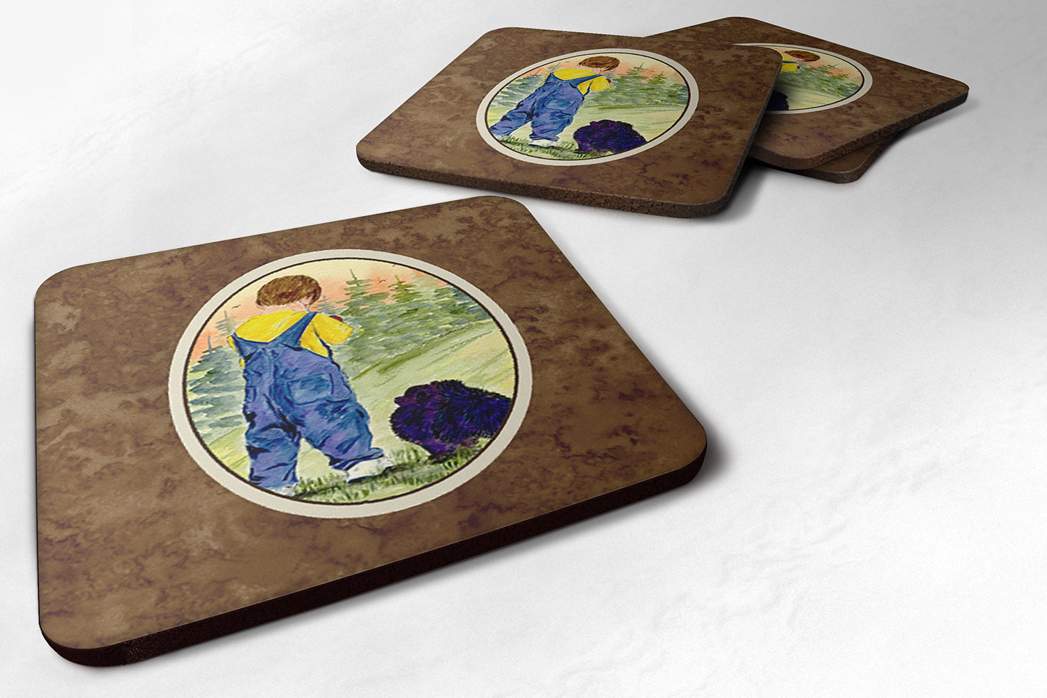 Little Boy with his  Pomeranian Foam Coasters Set of 4 Cup Coasters for Indoor Outdoor, Tabletop Protection, Anti Slip, Mouse pad Material