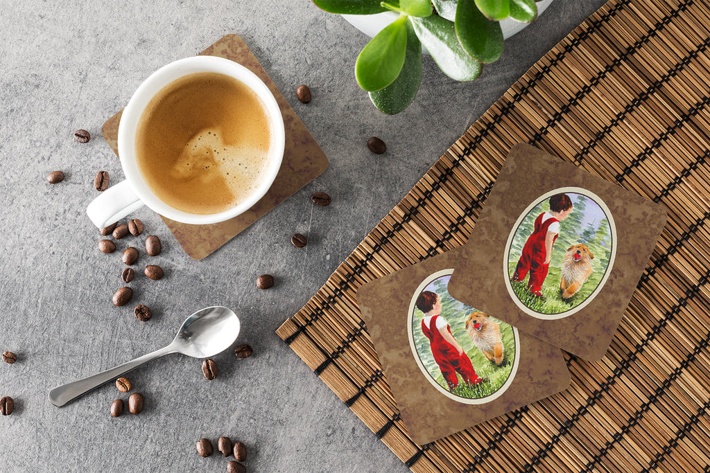 Little Boy with his  Golden Retriever Foam Coasters Set of 4 Cup Coasters for Indoor Outdoor, Tabletop Protection, Anti Slip, Mouse pad Material