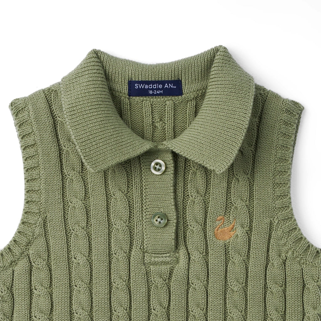 Cable Knit Sleeveless Polo Shirt in Sage Green