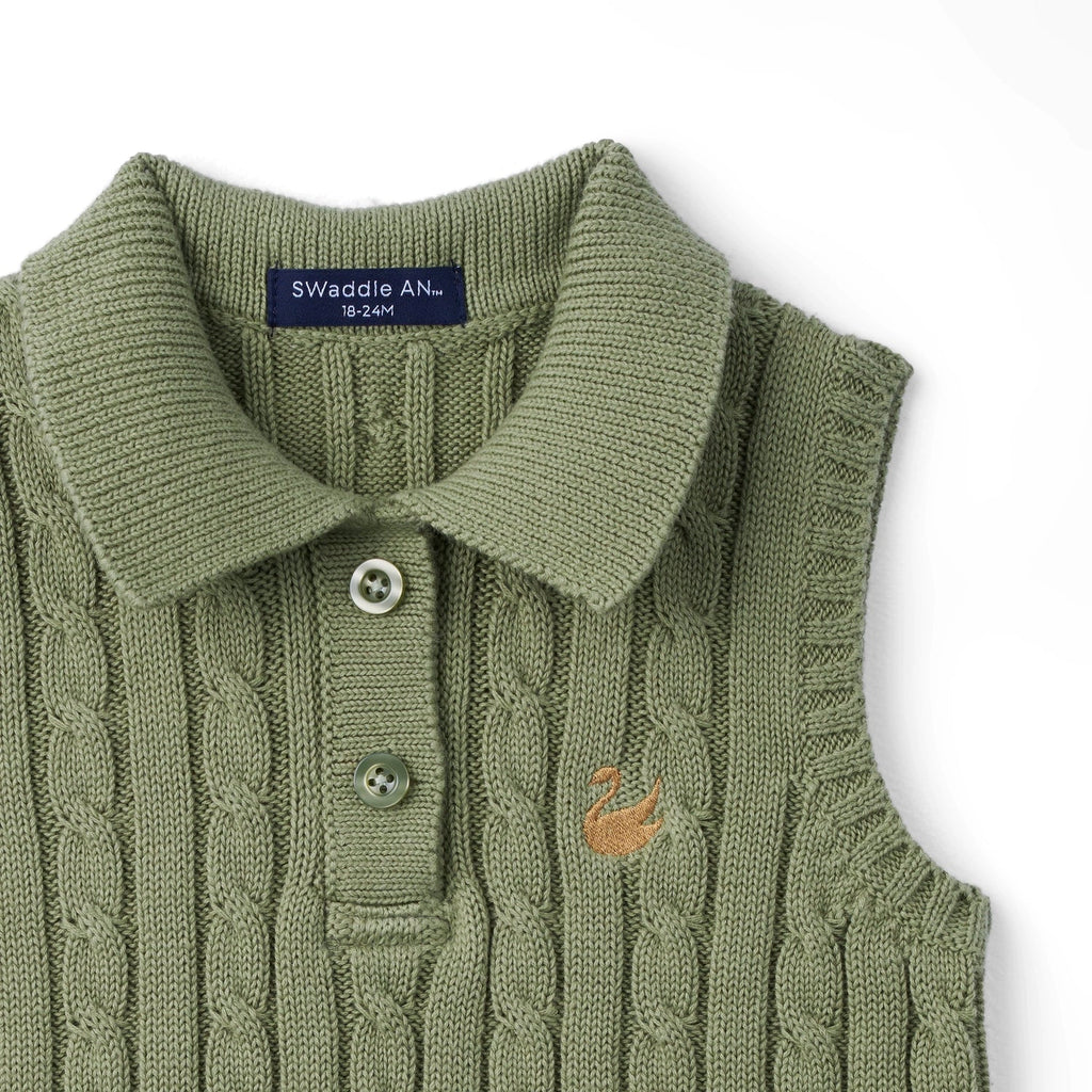 Cable Knit Sleeveless Polo Shirt in Sage Green