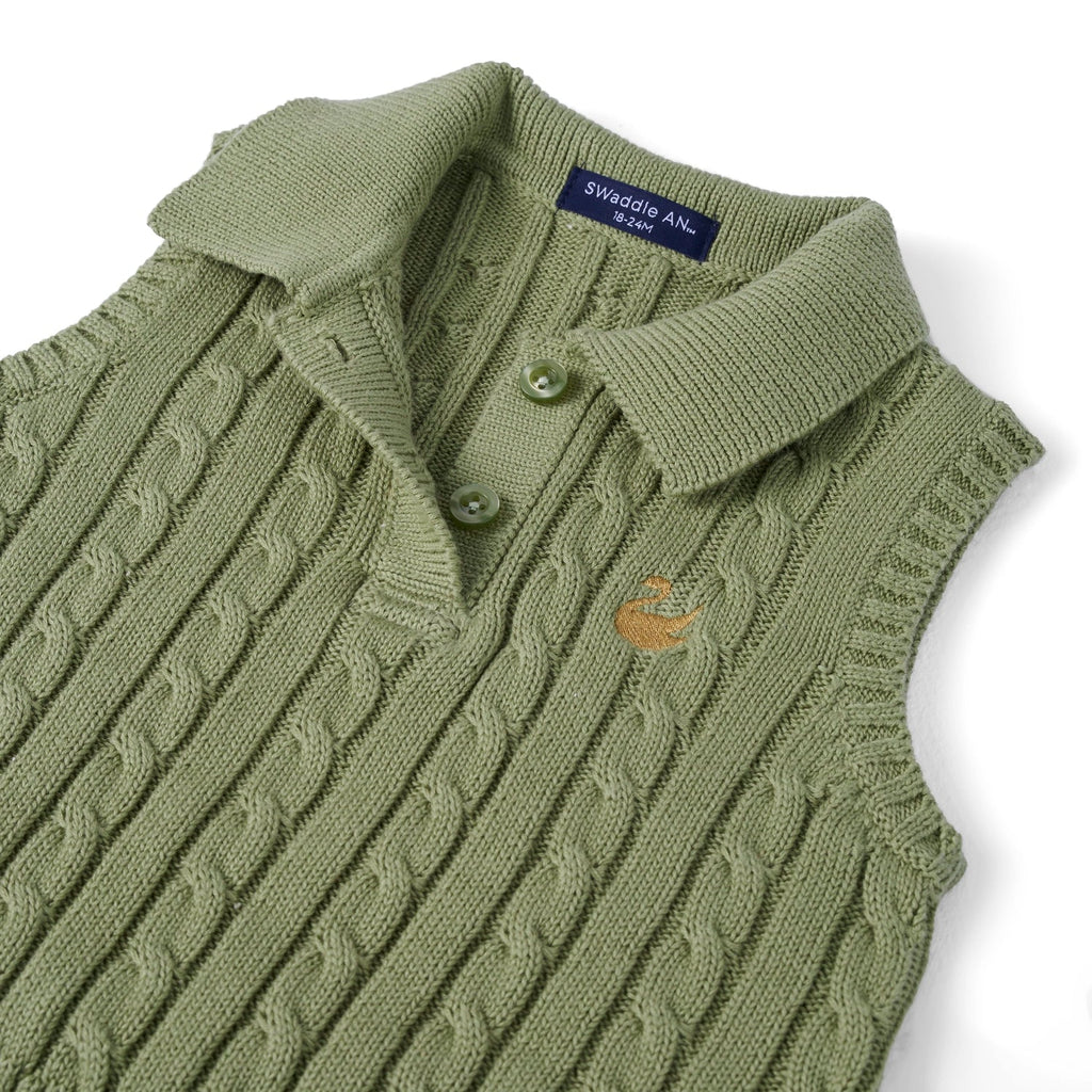 Cable Knit Sleeveless Polo Shirt in Sage Green