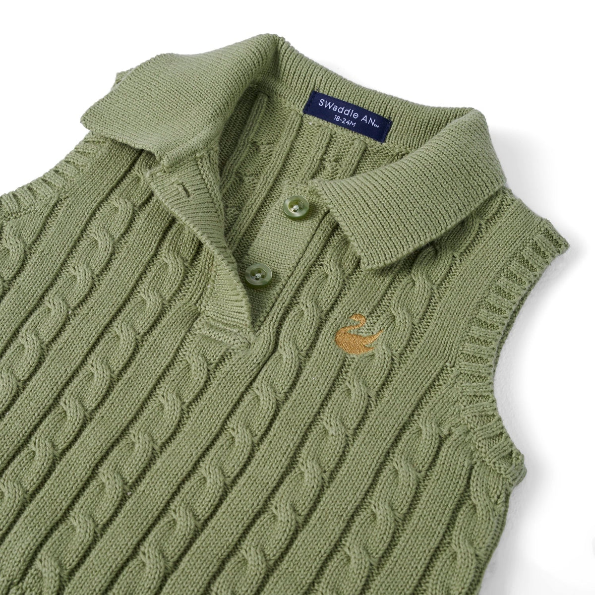 Cable Knit Sleeveless Polo Shirt in Sage Green