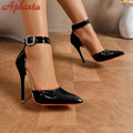 Aphixta 2cm Crystals Belt Buckle Super 12cm High Stiletto Heels Ankle Strap Sandals Women Pointed Toe Heels Shoes Plus Size 50