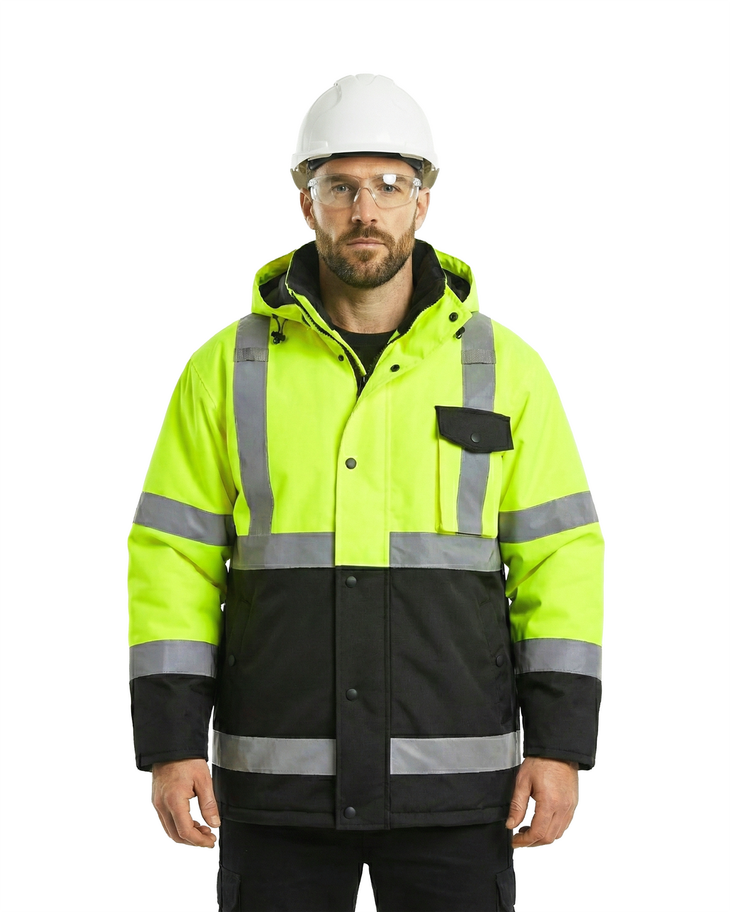 Kiwi High Visibility Hooded & Quilt Lined ANSI/ISEA 107-2020, Type R, Class 3 Two Tone Water Resistant Neon Safety Jacket [71300]