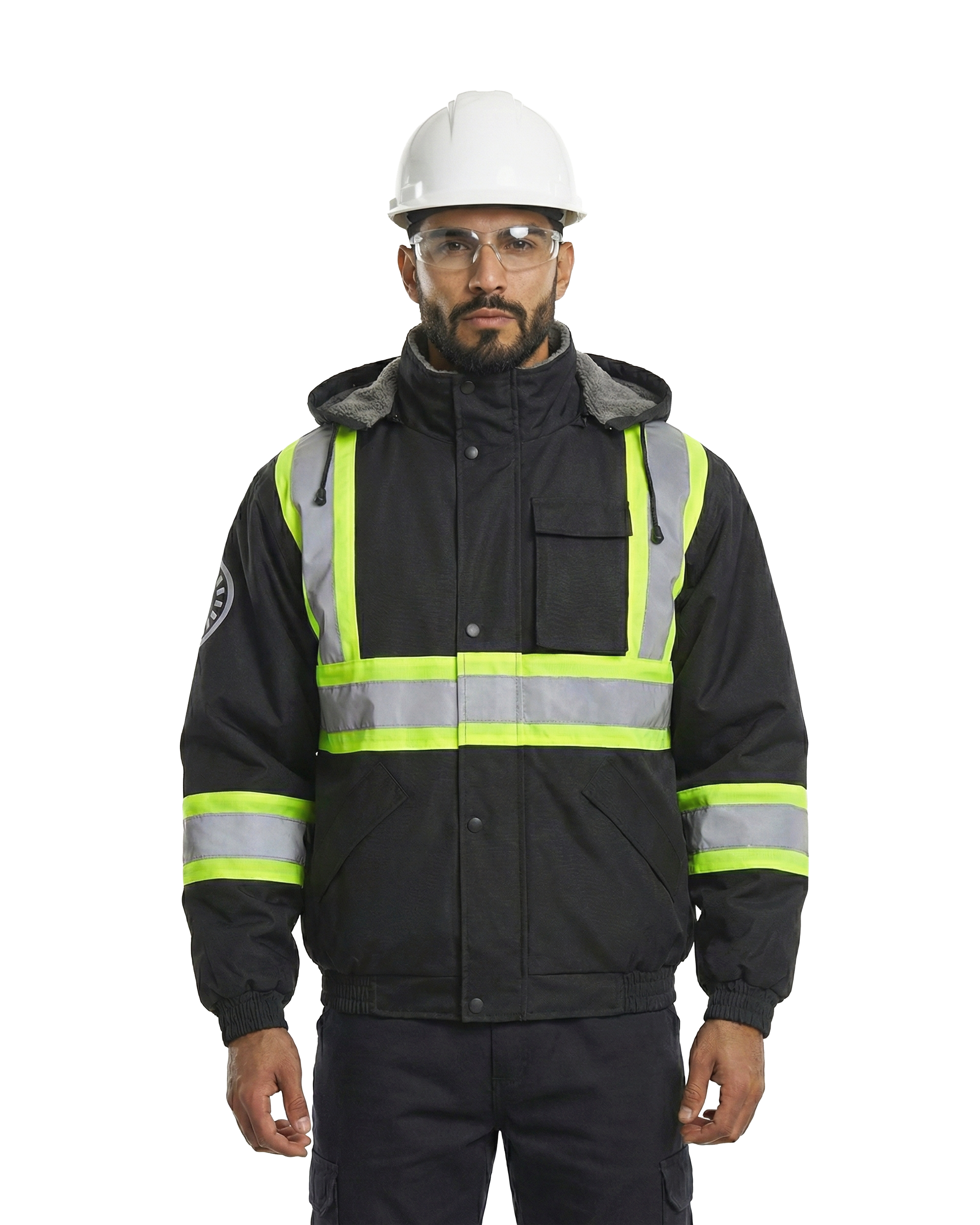 Kiwi High Visibility Hooded & Sherpa Lined ANSI/ISEA 107-2020 Reflector Contrast Trimmed Water Resistant Black Safety Jacket [71200]