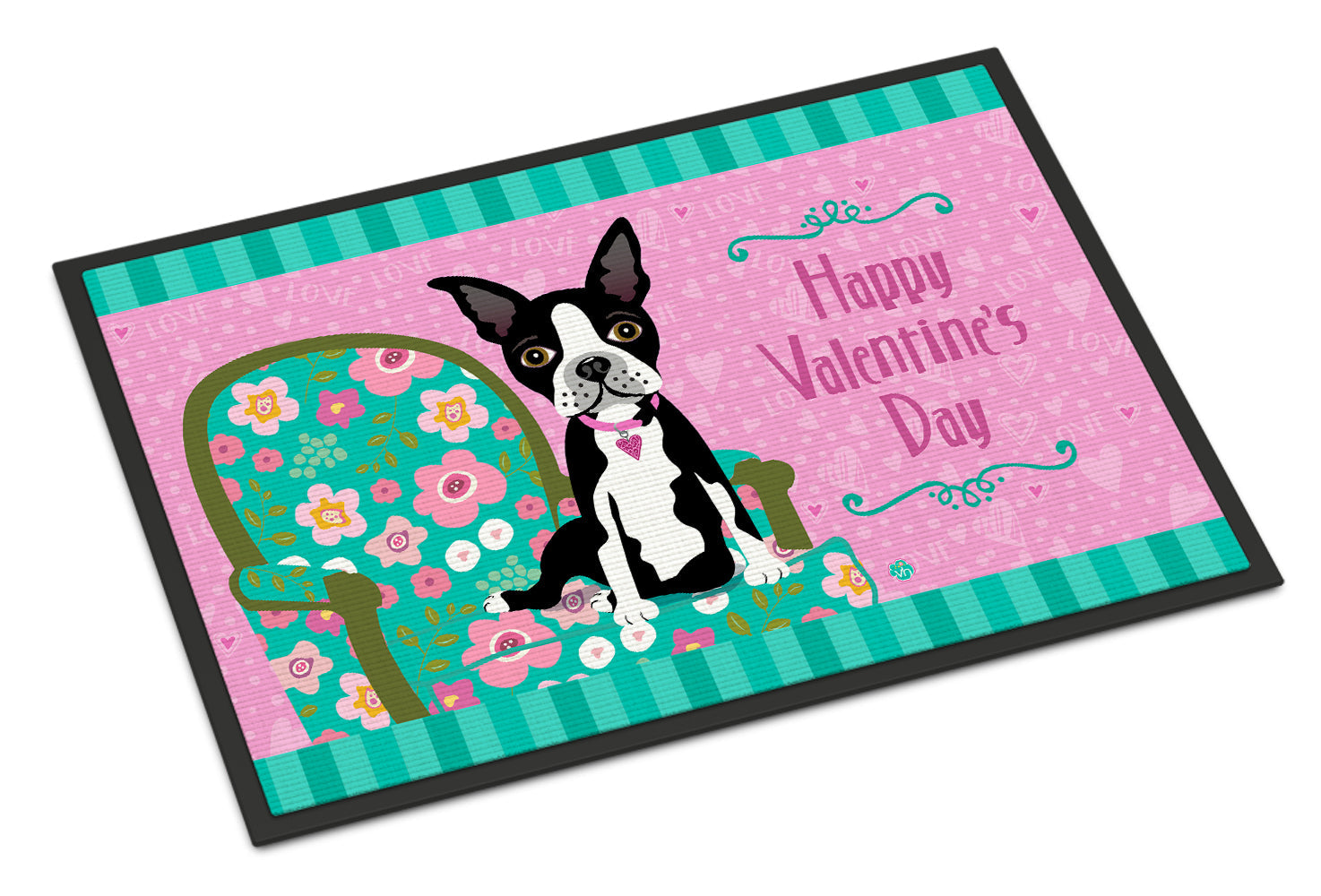 Happy Valentine's Day Boston Terrier Doormat Indoor Outdoor 18H X 27W Front Door Mat Rugs for Entryway, Non Slip Washable