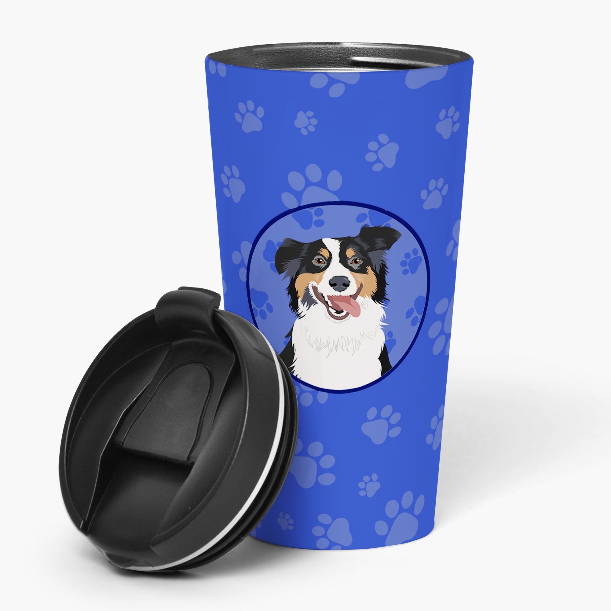 Australian Shepherd Black Tricolor #2  Stainless Steel 16 oz  Tumbler Blue Insulated Tumbler with Lid, Cute Travel Cup for Coffee, Cocktails, Gift Men, Dad, Women, Mother