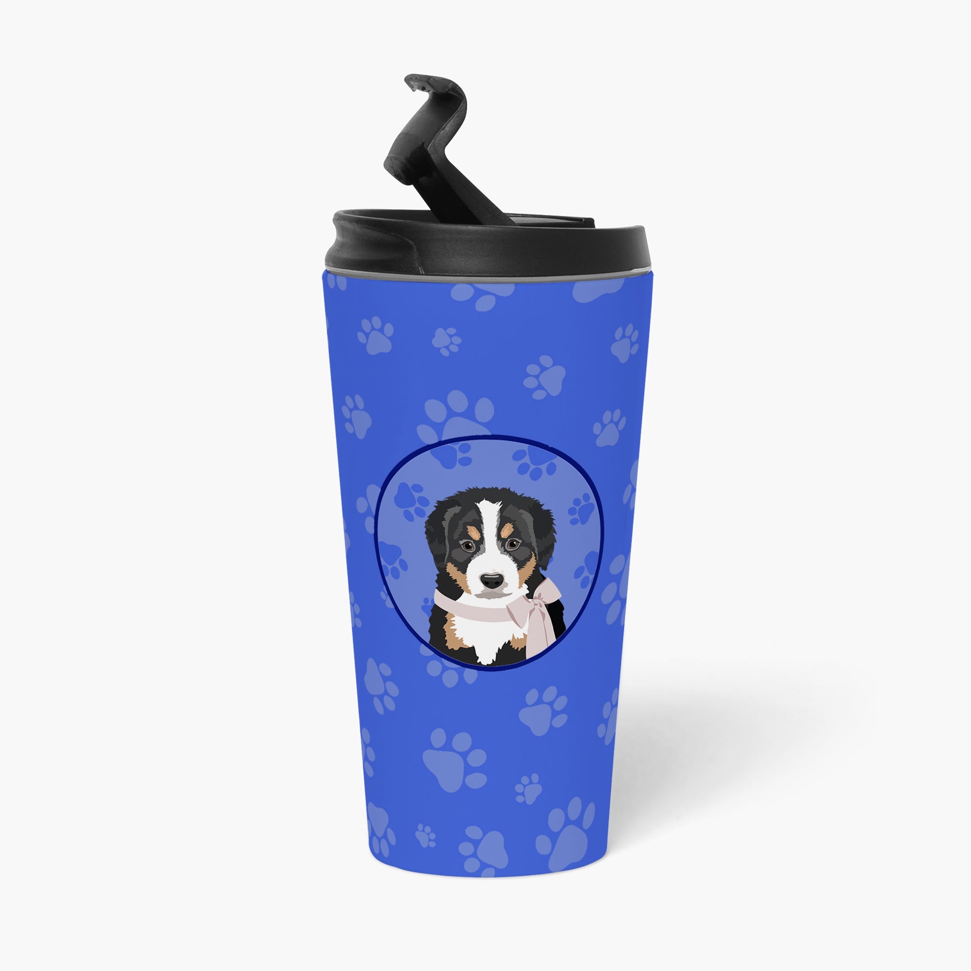 Bernese Mountain Dog Puppy #1  Stainless Steel 16 oz  Tumbler Blue Insulated Tumbler with Lid, Cute Travel Cup for Coffee, Cocktails, Gift Men, Dad, Women, Mother