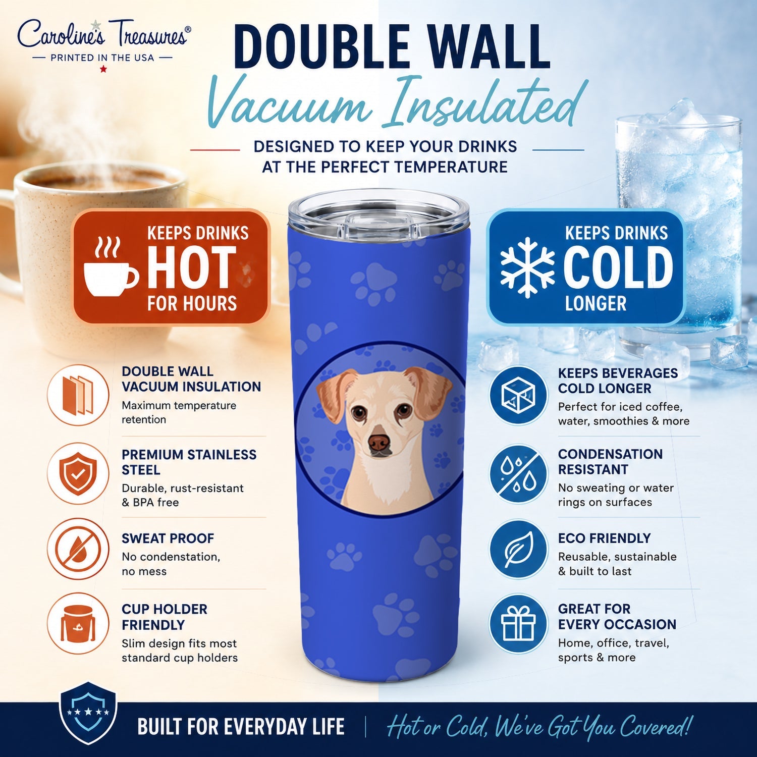 Chihuahua Cream  Stainless Steel Skinny Tumbler 20 oz Vacuum Double Walled Reusable Insulated Travel Cup