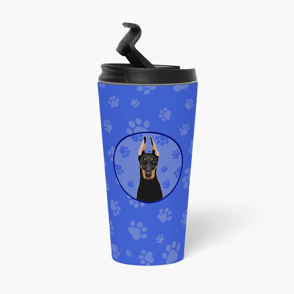 Doberman Pinscher Black and Rust Cropped Ears  Stainless Steel 16 oz  Tumbler Blue Insulated Tumbler with Lid, Cute Travel Cup for Coffee, Cocktails, Gift Men, Dad, Women, Mother