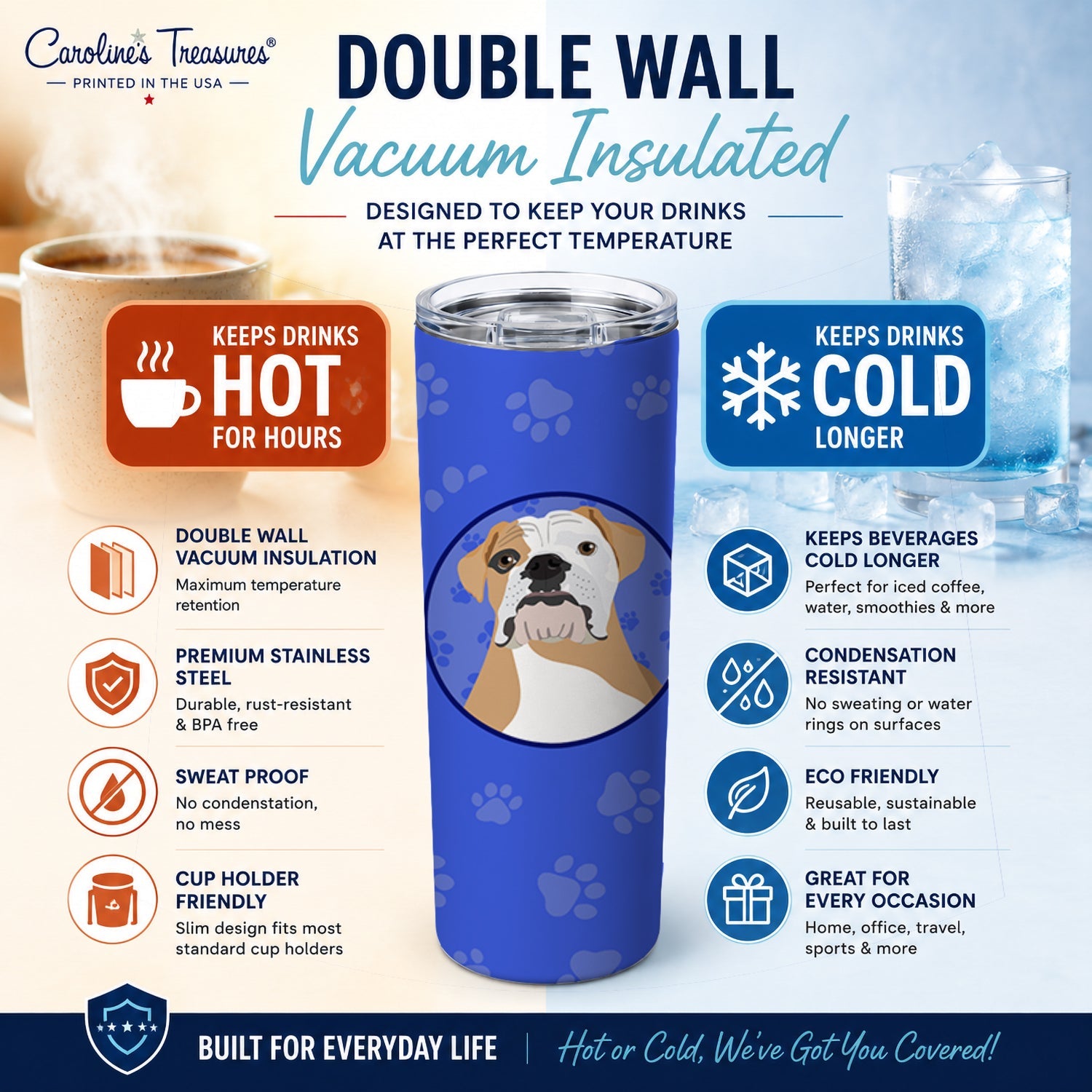 English Bulldog Fawn and White  Stainless Steel Skinny Tumbler 20 oz Vacuum Double Walled Reusable Insulated Travel Cup
