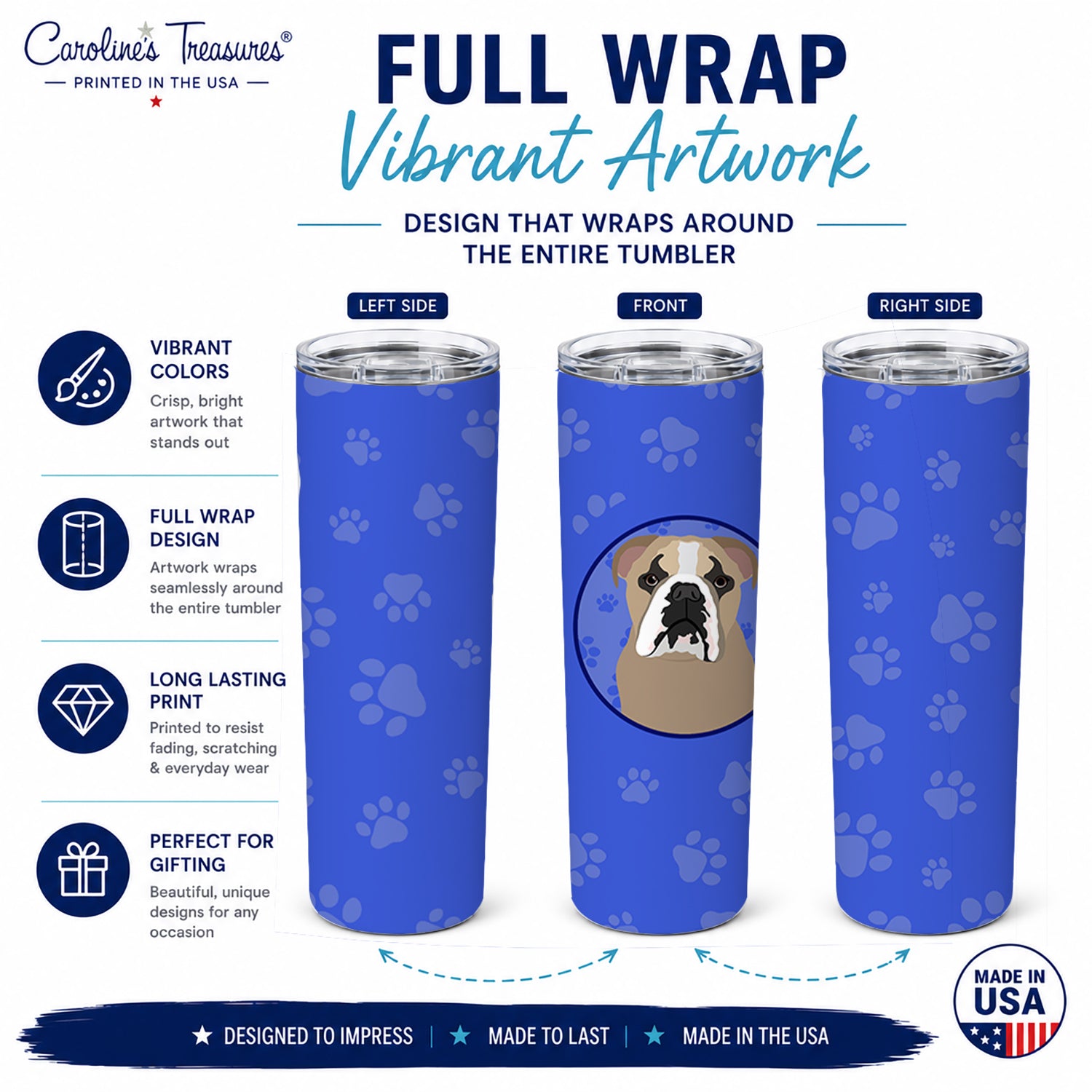 English Bulldog Lilac Tricolor  Stainless Steel Skinny Tumbler 20 oz Vacuum Double Walled Reusable Insulated Travel Cup