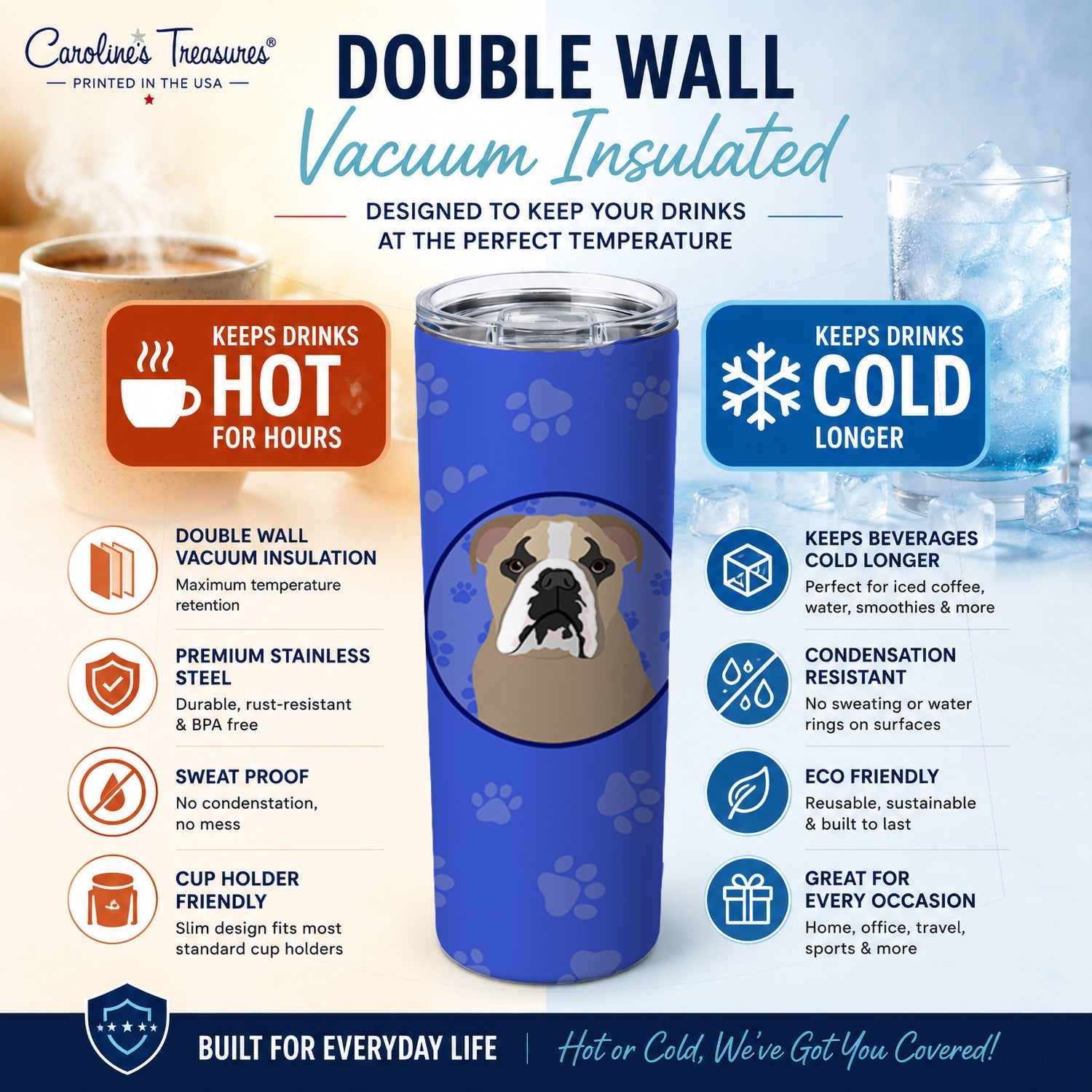 English Bulldog Lilac Tricolor  Stainless Steel Skinny Tumbler 20 oz Vacuum Double Walled Reusable Insulated Travel Cup